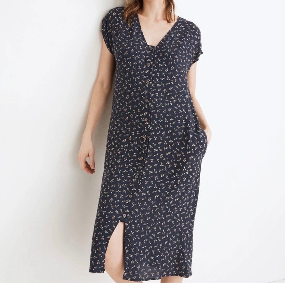 Madewell Ditsy Floral Button Down Midi Dress Women's Medium Navy Blue